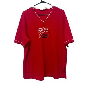 Vintage Blast Red V-Neck Patriotic Embroidered Flag Stars Knit Top Womens XL